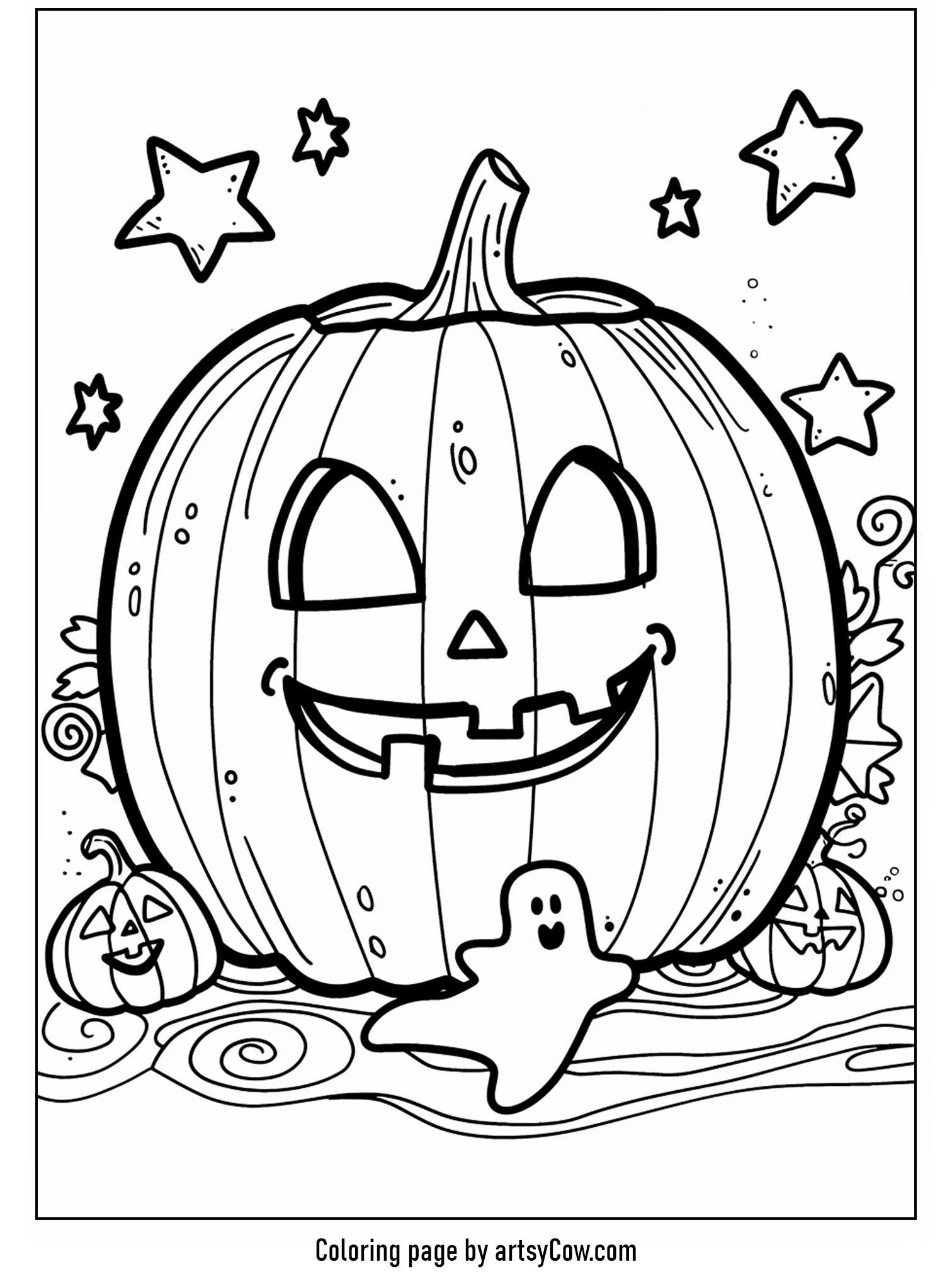 halloween pumpkin drawings for kids featuring a cheerful pumpkin, a cute ghost, and playful stars.